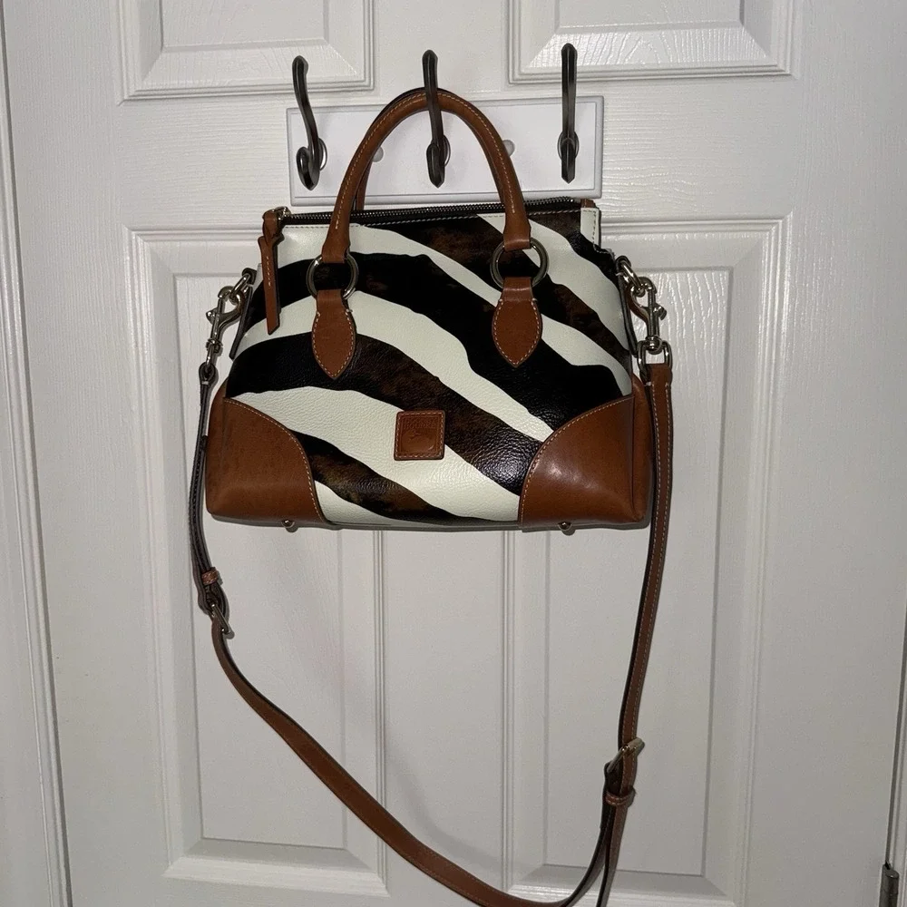 Dooney & Bourke Zebra Leather Satchel 30 Black White Brown Crossbody Bag Purse